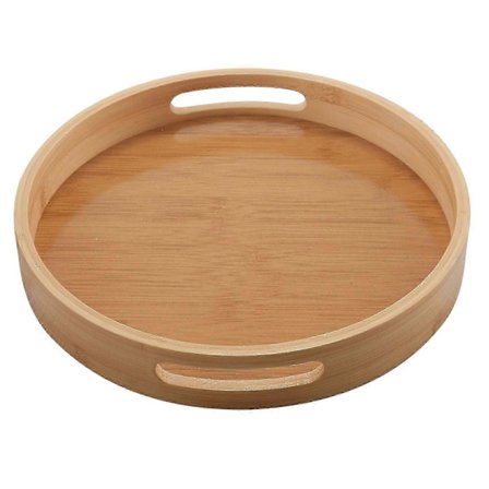 Rund serveringsbakke i bambus træ til middagsbakker tebar morgenmad madbeholder håndtag opbevaring T-L