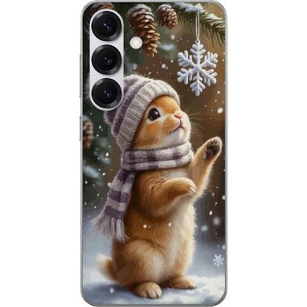 Yhteensopiva Puhelinkuori Samsung Samsung Galaxy S25 Talvikaninkoira hatulla ja huivilla ihmettelee lumikiteitä, lämmin ja viehättävä talvinen ku