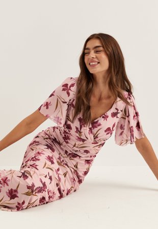 Bubbleroom Occasion - Butterfly Sleeve Mesh Ankle Dress - Light pink/Floral