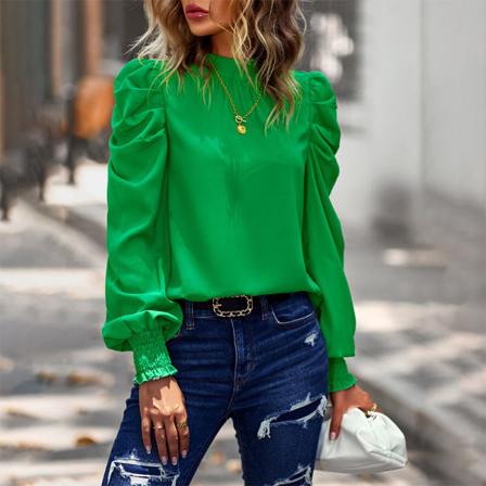Plisserad enfärgad tunikablus för kvinnor med långärmad enkel T-shirt Green L