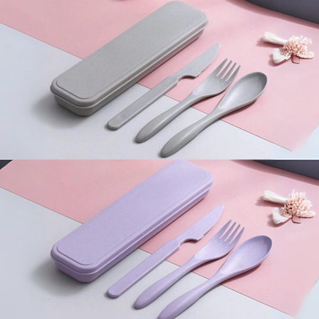 3-delt reisebestikksett med oppbevaringsetui, inkludert bærbar og gjenbrukbar gaffel, skje og kniv, egnet for utendørs bruk.