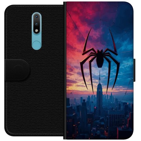 Yhteensopiva Lompakkokotelo Nokia Nokia 2.4 Tyylikäs hämähäkki kaupungin horisontin yläpuolella dramaattisessa auringonlaskussa, graafinen fantas