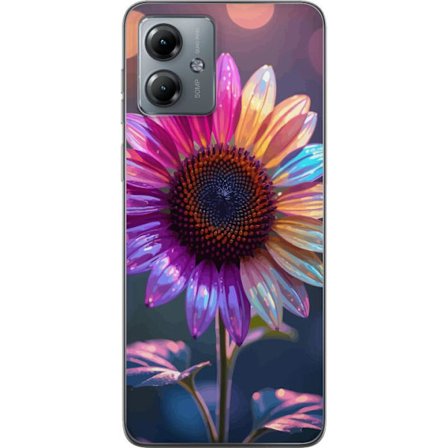 Kompatibelt Mobildeksel til Motorola Moto G14 Irideserende blomst med glitrende kronblad i rosa lilla og gull mot myk bokeh bakgrunn
