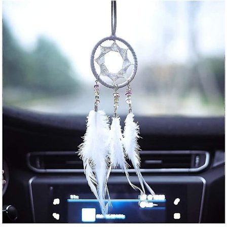 Liten Drømmefanger Håndlaget Bil Speil Henger Naturlige Fjær Perler Drøm