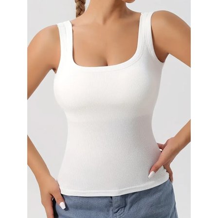 Enkel Enfärgad Fyrkantig Halslinje Tank Top, Allsidig Ribbstickad Västtopp Med Avtagbar Bröstvaddering