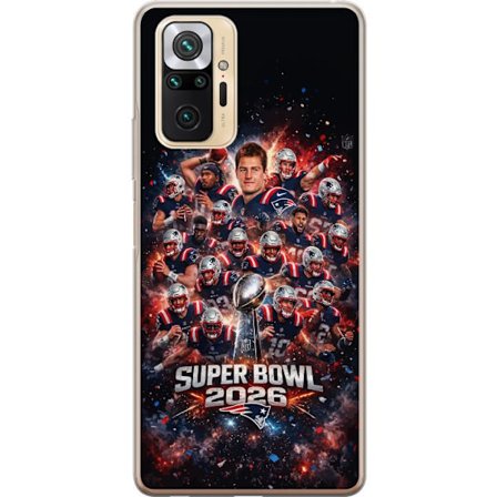 Yhteensopiva Puhelinkuori Xiaomi Redmi Note 10 Pro Super Bowl 2026 juliste, jossa New England Patriots ja NFL-mestaruuspalkinto räjähtävän urheilullis