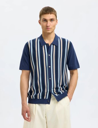 Selected Slhmattis Ss Knit Stripe Polo Cardigan - Blue - S