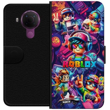Yhteensopiva Lompakkokotelo Nokia Nokia 5.4 Värikäs Roblox-peliryhmä kuulokkeilla, ohjaimilla ja neonväreillä, täydellinen lapsille ja peli-into