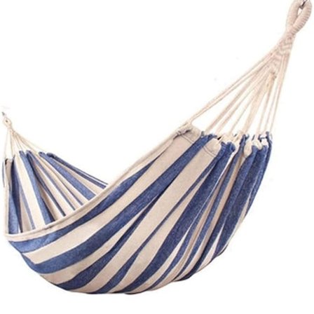 Blå hengekøye laget av premium tykk, myk kanvas, stor bærbar hengekøye for camping og utendørs bruk (blå og hvite striper)