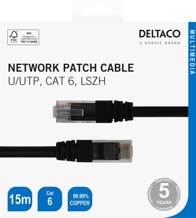 Deltaco Cat6 Network cable, 15m, black