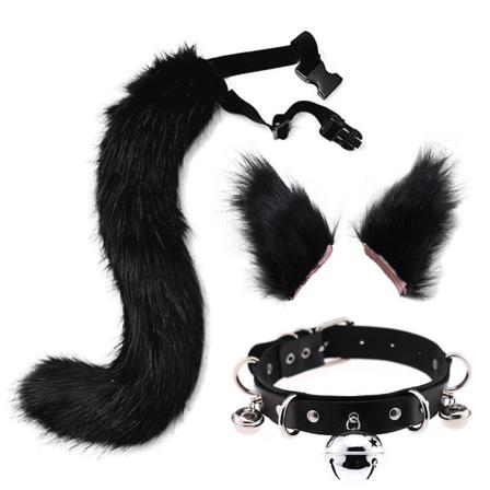 Voksne barn 3 deler plysj for katteører Hårklemme lodden ulvesvans med kunstlær Bell Neck Choker Halsbånd Sett Anime Halloween Cosplay Cos -a Black 