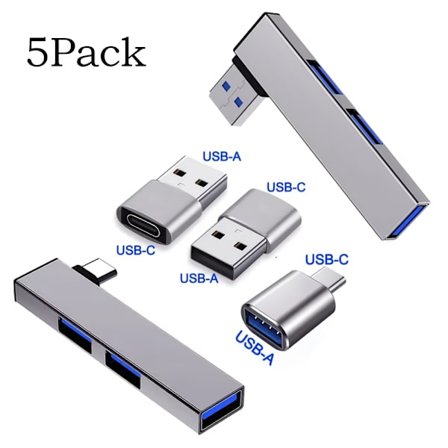 5 monipuolisen USB-sovittimen sarja, muuntaa USB C:n USB A:ksi, sisältää USB 3.0 -keskittimen nopeaa latausta ja OTG-toimintoja varten