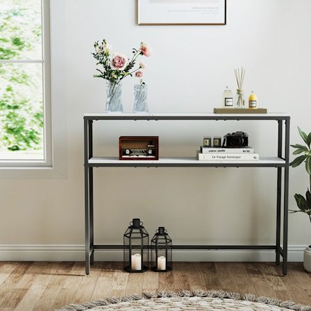 Konsolipöytä 100 x 80 x 20 cm, jossa on kaksi marmorihyllyä