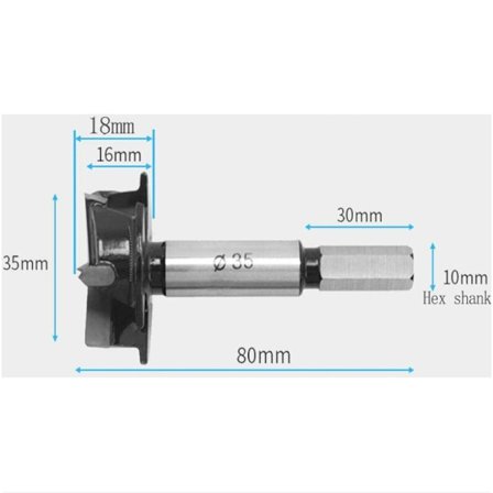 Borr 35 mm, gångjärnsborr, för hårdmetallborr