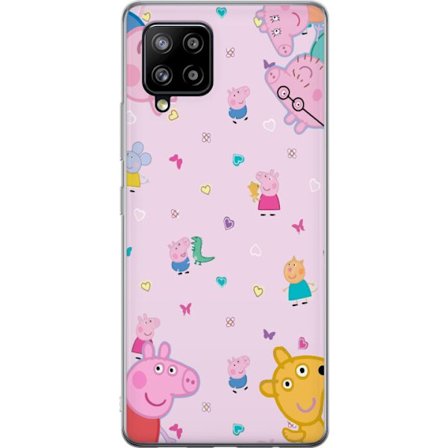 Kompatibel Mobilcover til Samsung Galaxy A42 5G Peppa Gris med en baby i armene, morgris motiv i farverig og blød børneillustration med hjerter