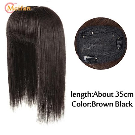 MEIFAN Långt rakt hår Toppers Clip Hair Extensions Syntetiskt hår Topper Natural Black Brown 3-Clip with Bang Fake Hairpiere