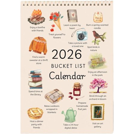 2026 Bucket List-kalender, kunstnerisk akvarellkalender, skrivebords-tidsminnekort