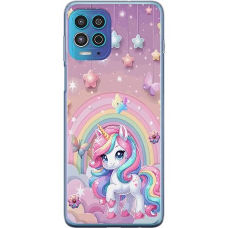 Kompatibelt Mobildeksel til Motorola Moto G100 Magisk enhjørning med regnbue manke, stjerner og sommerfugler mot en pastellhimmel med skyer