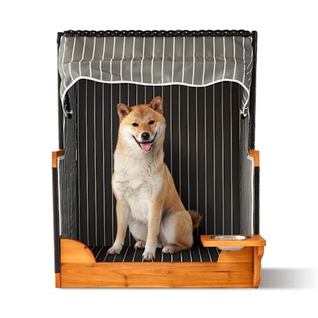 Koiran rantatuoli kulholla, puuta ja rottinkia