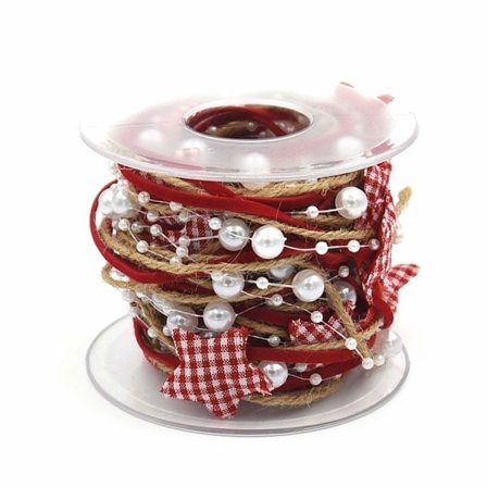2 ruller med 3 tråder Design Rødt kunstig perlebånd, flekkbånd og snor for juletrepynt