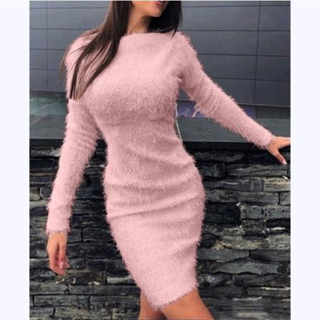 Damklänning Bodycon Fuskpäls Långärmad Plysch Slim Fit Varm