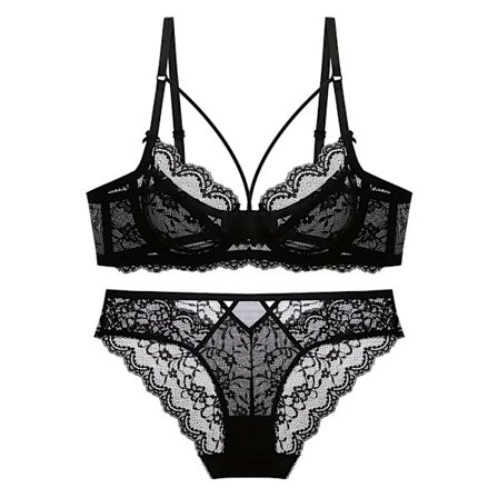 Blomstret blonde-bh og trusser, åndbar push-up uforet bh og gennemsigtige trusser lingerisæt, dameundertøj og lingeri