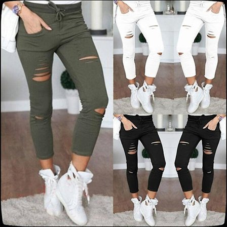 Dam Slim Stretch Byxor med Snodd och Rivningar Svart HS