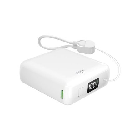 Puro 10000 mAh 20 W USB-C USB-A-strømbank med skjerm og innebygd USB-C-kabel - hvit