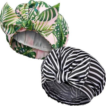 2 stk dusjhetter for kvinner, gjenbrukbare dusjhetter vanntett elastisk kant turban badehette for langt hår (palmeblad og stripe)