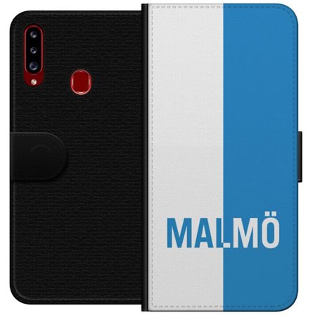 Kompatibelt Lommeboketui til Samsung Galaxy A20s Malmö Tekstdesign i Hvit og Blå Typografi på Delt Lyseblå og Hvit Bakgrunn