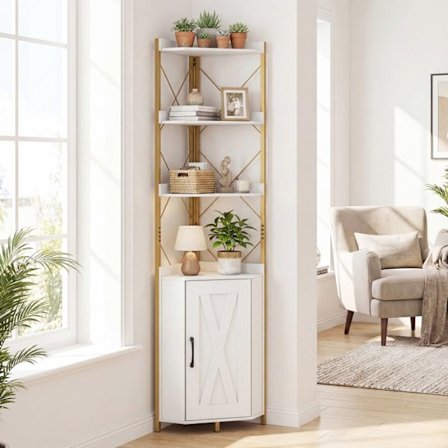 Hvid Bogreol 180CM COSTWAY, Opbevaring med 5 Hylder, Anti-Fald Gelænder, Anti-Velt Kits, til Stue Køkken