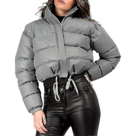 Dame Cropped Lynlås Puffer Jakke Snøre Langærmet Vinter Varm Kort Vatteret Frakke Overtøj