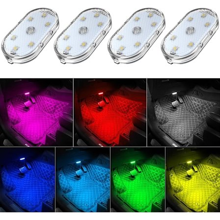 4 STK Bil LED Lys Interiør, 7 Farver Ambient Belysning Bil Interiør, USB Genopladelig Bil Interiør Læselampe