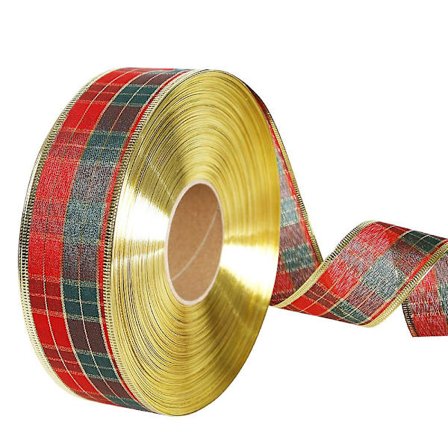 5st-christmas Holiday Wired Ribbon - Röd Grön Pläd Band - 50mm X 2m varje rulle - Gold Wired Edge