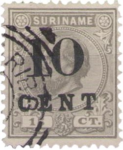 Suriname - 10 op 15ct grijs uit de hulpuitgifteserie 1898 (nr. 30, gebruikt