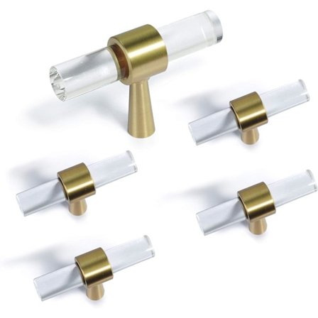 Set med 5 Mässing Glas Skåpsknoppar T Bar Handtag Byrå Lådhandtag Möbelbeslag Gyllene Klar