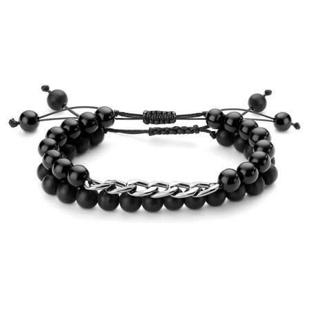 Conjunto de Pulsera de Cuentas de Ónix Negro y Hematita con Detalle de Cadena para hombres - Pulseras de perlas