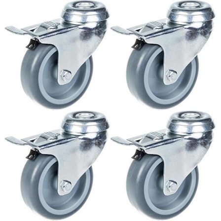 Rullat - Castor - 75mm - Harmaa Kumibootti - Kääntyvä Jarrulla - 240kg