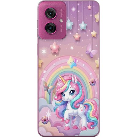 Kompatibel Mobilcover til Motorola Moto G55 Magisk enhjørning med regnbue manke, stjerner og sommerfugle mod en pastelfarvet himmel med skyer