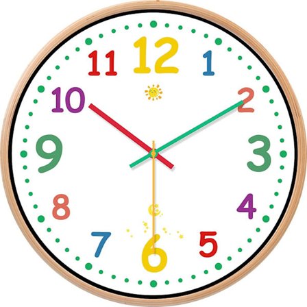 30 cm barnklocka för lärande, tyst väggklocka utan tickande, batteridriven dekorativ klocka, färgglada väggklockor som är lätta att läsa