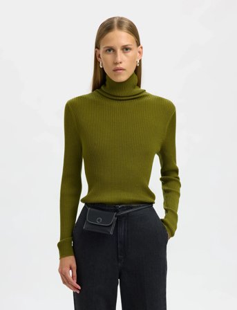 Selected Slfthea Ls Merino Wool Knit Roll Neck - Khaki green - XS