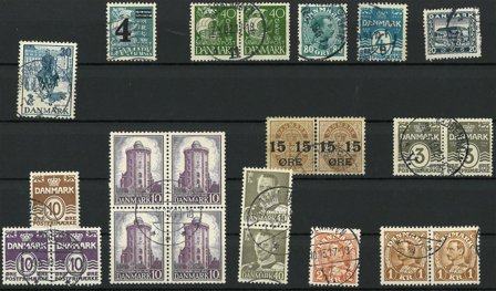 Danmark - Samling med 14 varianter på 1 instickskort - Stemplet