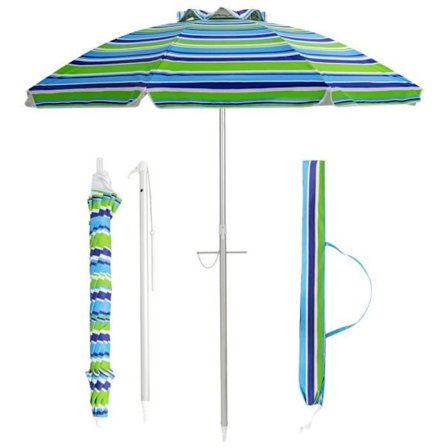COSTWAY Justerbar Sammenklappelig Strandparasol Ø198 CM UV 50+ Beskyttelse med Push Button Transporttaske til Patio Pool Grøn