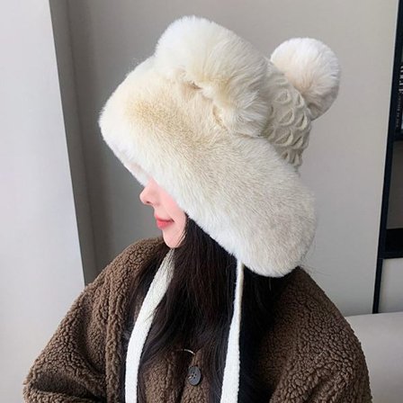 Faux Fur Beanies Hat Katteøre strikket hue HVID