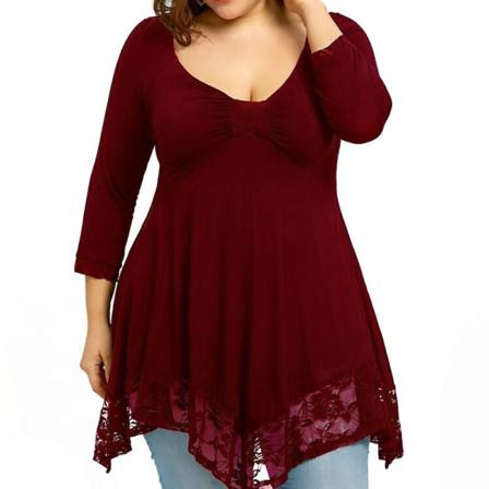 Kvinnor Plusstorlek Lace Splice Kort Klänning Långärmad Blus