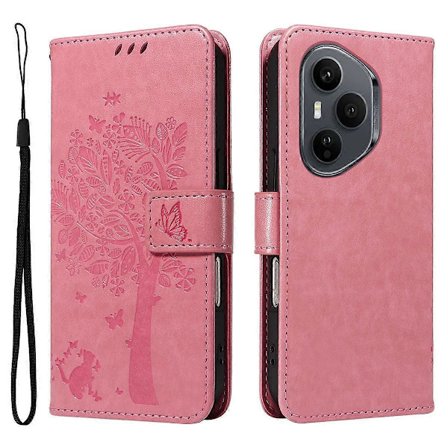 Honor 400 Pro 5G (Global) -puhelin kotelo jalustalla, kissapuu-kuvioinen nahkalompakko