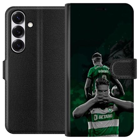 Kompatibelt Lommeboketui til Samsung Galaxy S25 Neonmotiv med teksten "Gaming is in my DNA" på en blå og rød murvegg med en lysende DNA-spiral.