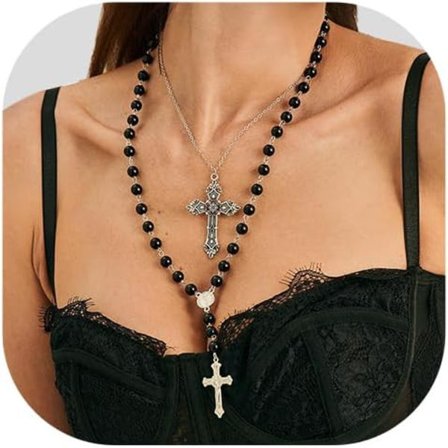 2 stk. sorte perler kravebenskæde halskæde punk gotisk metal kors vedhæng kropskæde halskæde lang kvast kors brystkæde smykker til kvinder