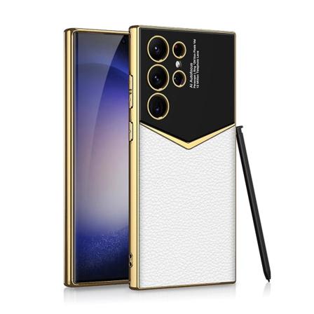 Etui til Samsung S24 Ultra i ekte lær, bakdeksel, ultratynn hard støtfanger til Samsung Galaxy S24 Ultra, kamerabeskyttelse white