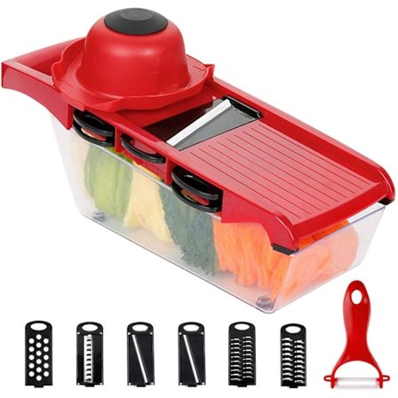 6 i 1 Mandolinjern, Multifunktionel Frugt- og Grøntsagsskærer, Udskifteligt Rustfrit Stål Blad med Madbeholder, Skræller